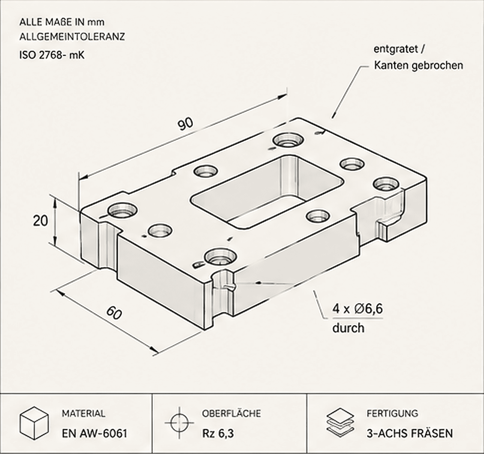 Technische Zeichnung einer Adapterplatte 90×60×20 mm mit Innentasche und vier Durchgangsbohrungen